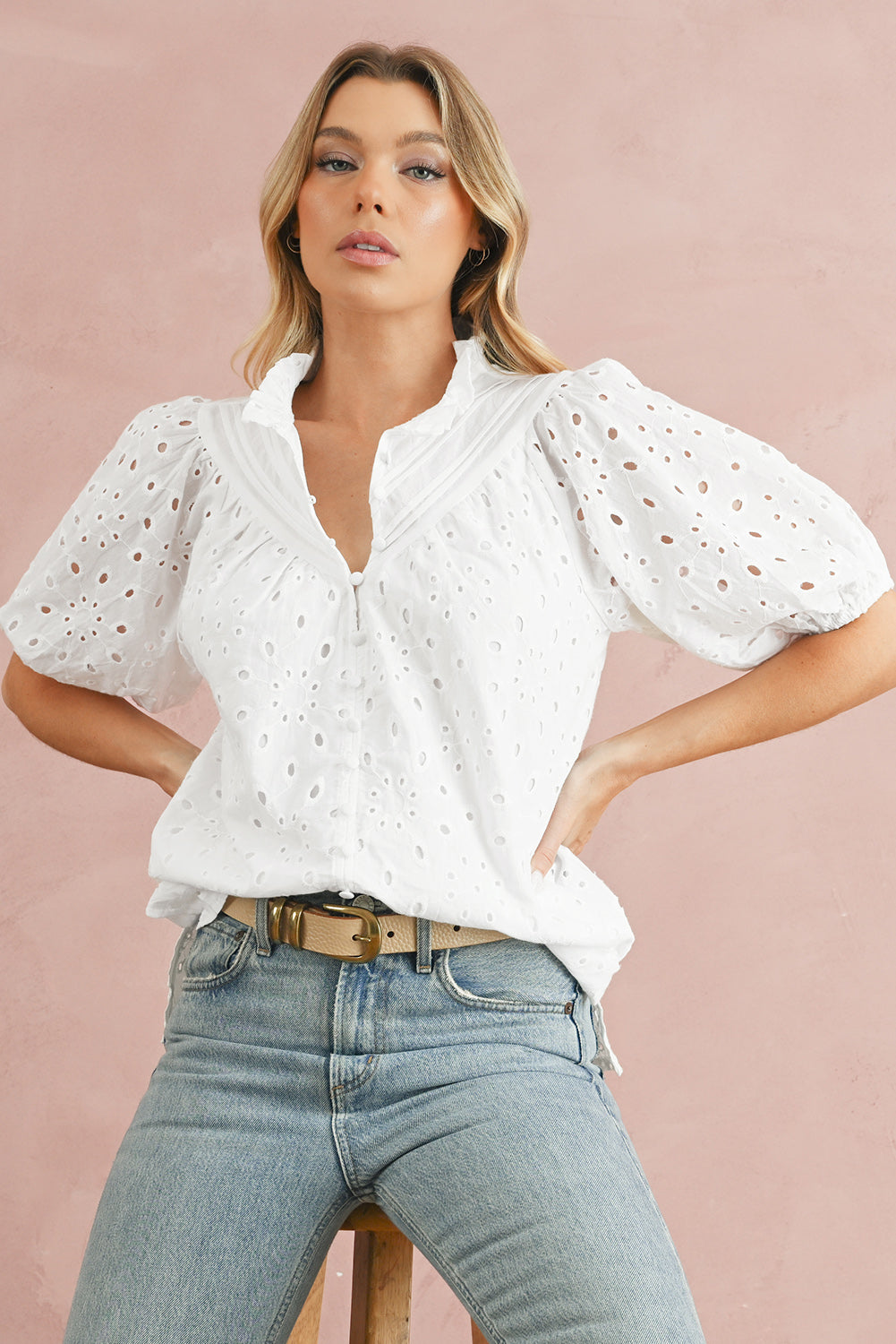 Eyelet Short Puff Sleeve Blouse