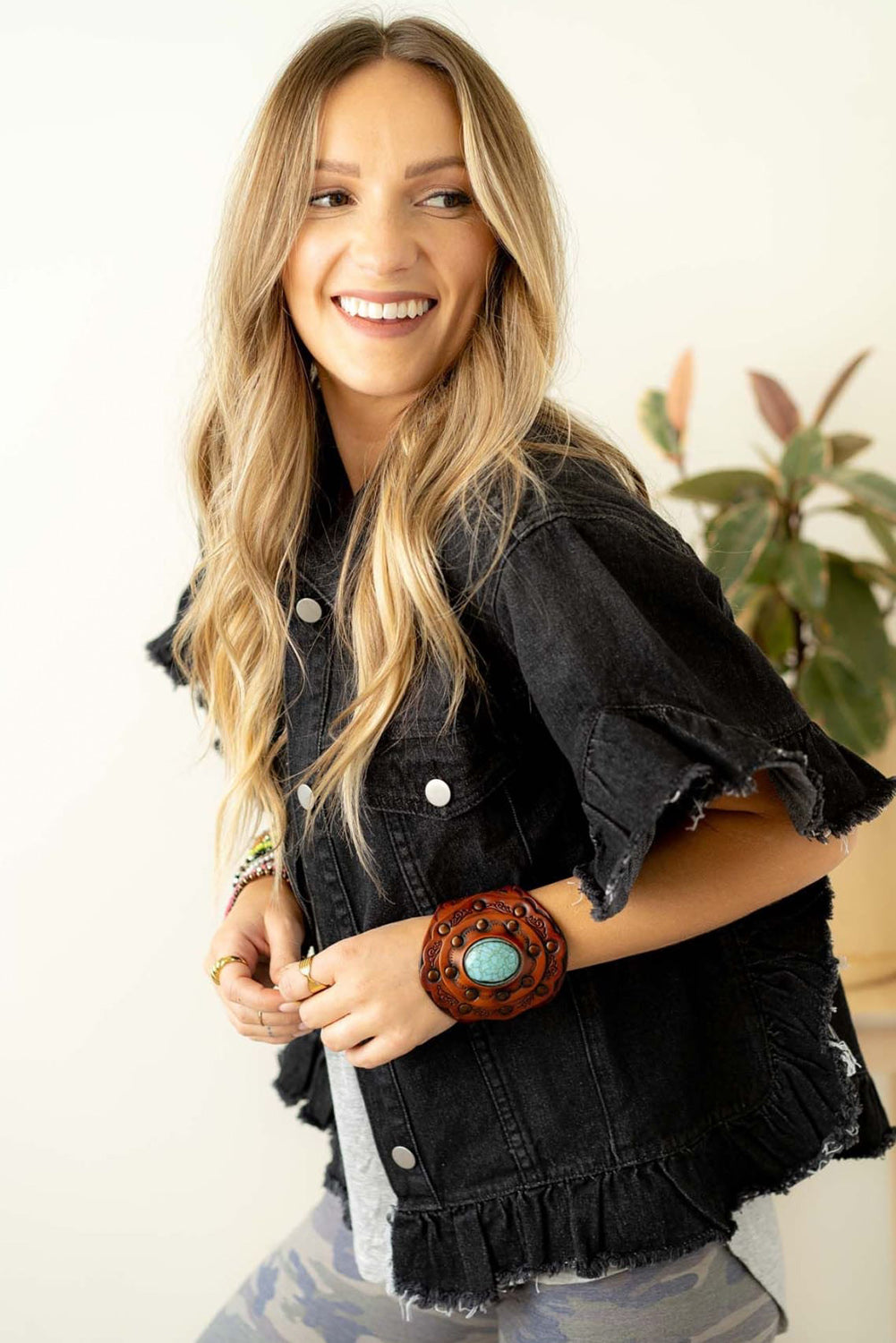 Sia Raw Edge Ruffle Short Sleeve Denim Jacket