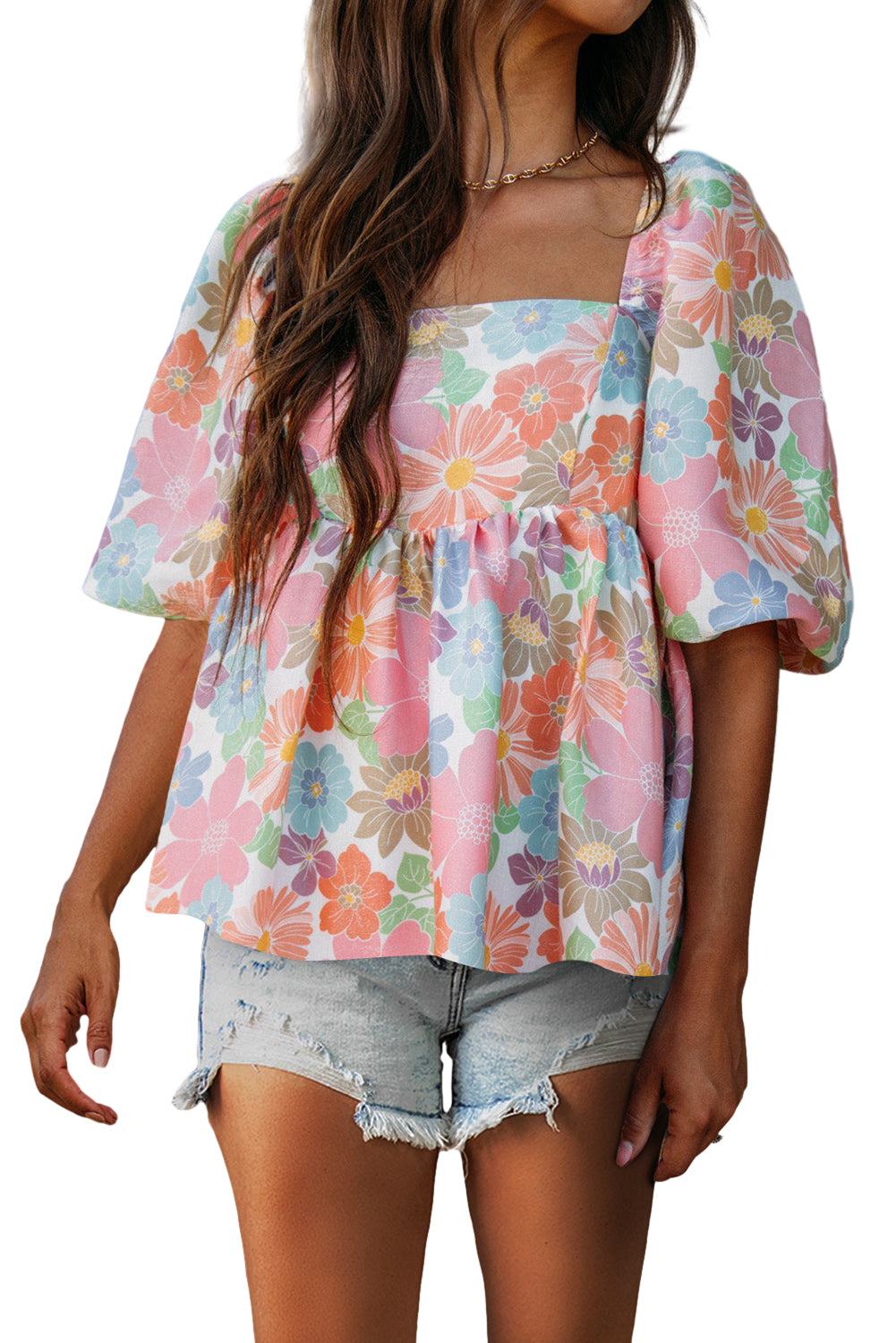 Floral Puff Sleeve Square Neck Peplum Blouse