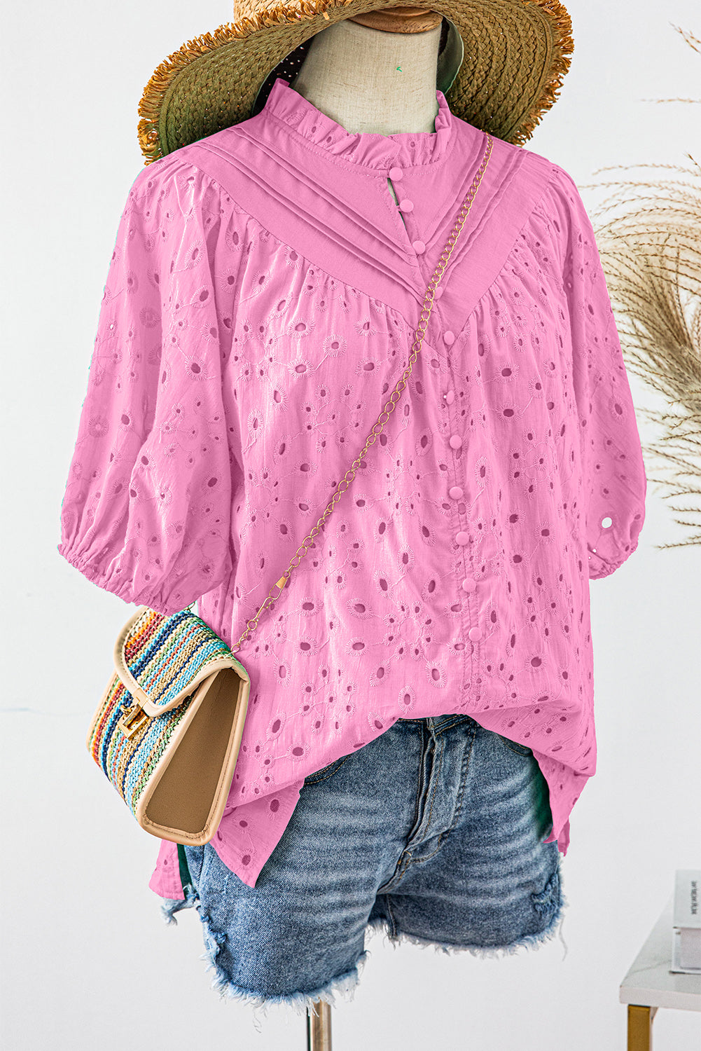 Eyelet Short Puff Sleeve Blouse