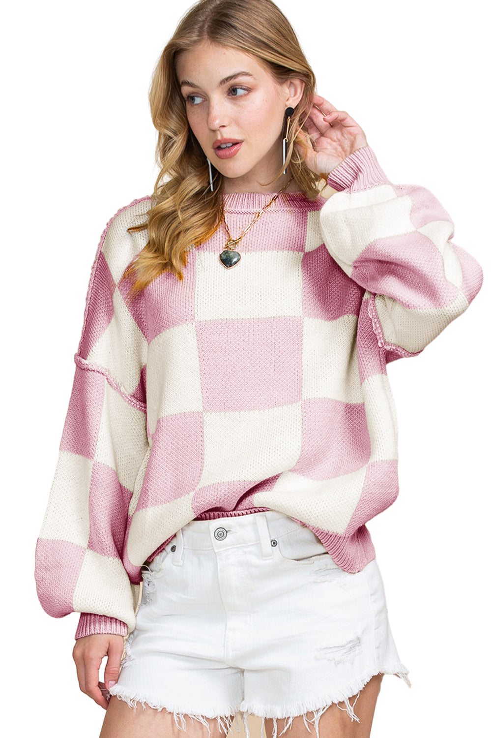 Checked Bishop Sleeve Pullover Sweater