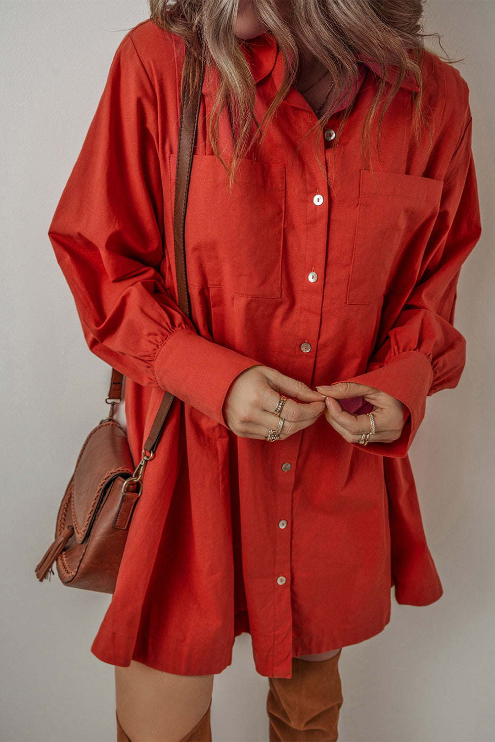 Chérie Bishop Sleeve Button-Up Pleated Mini Shirt Dress