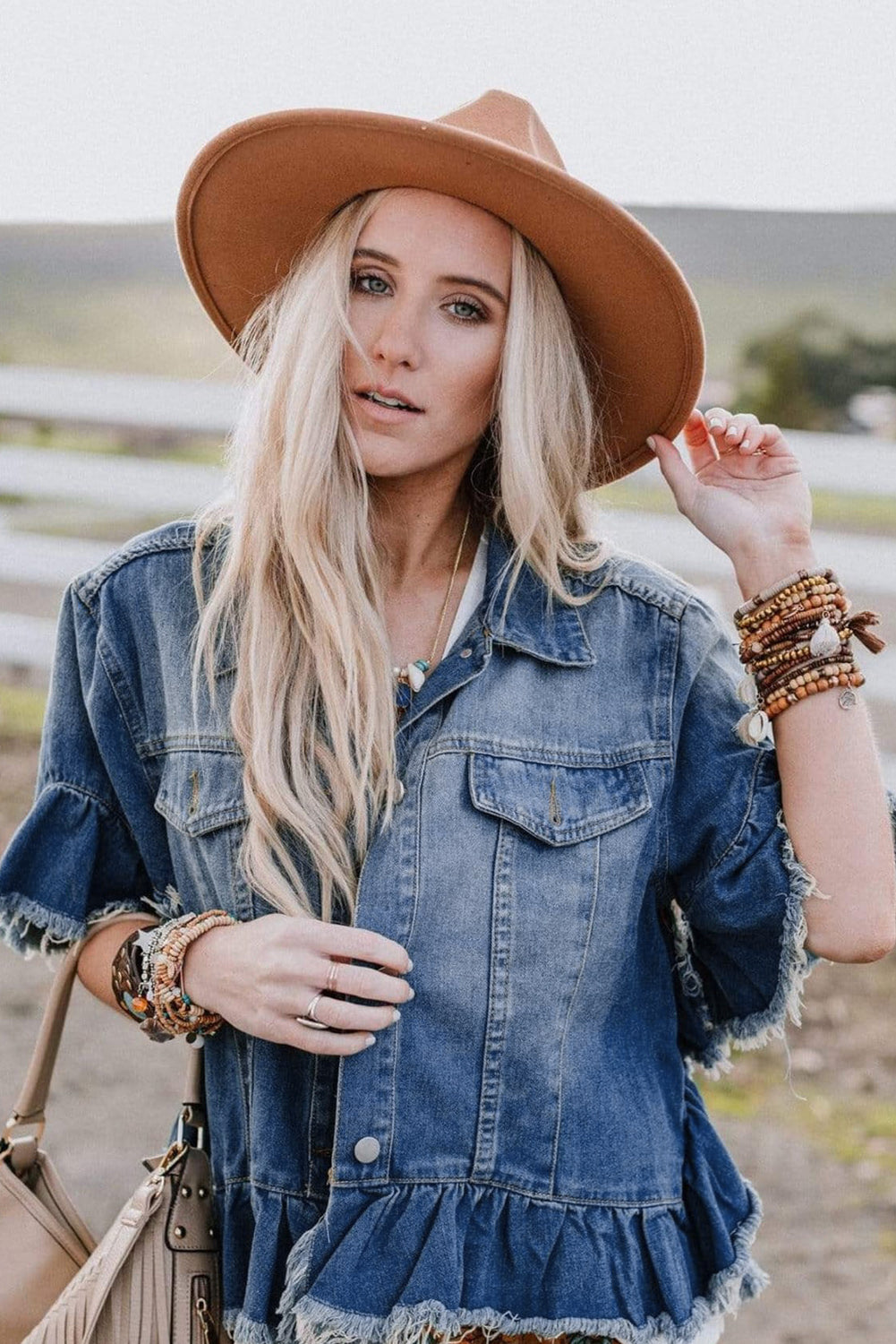 Sia Raw Edge Ruffle Short Sleeve Denim Jacket