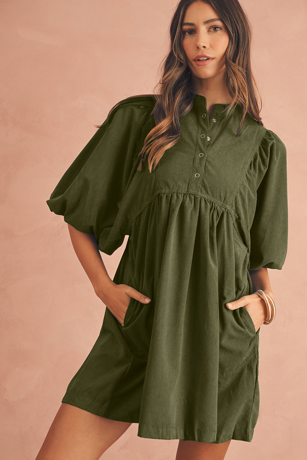 Corduroy Empire Waist Lantern Sleeve Dress