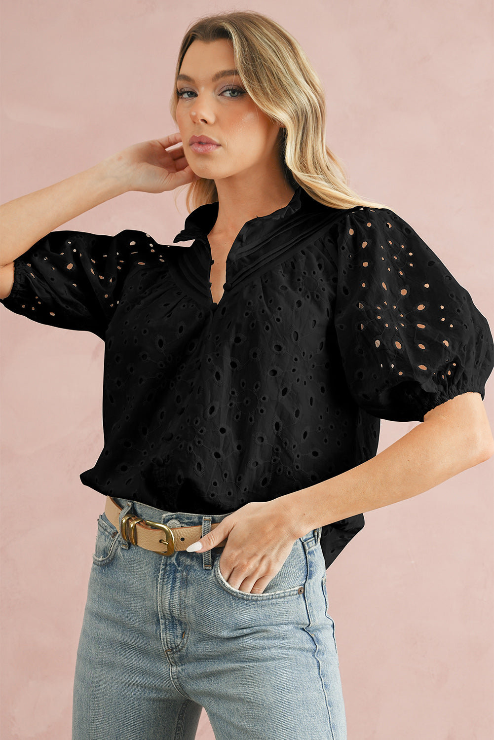 Eyelet Short Puff Sleeve Blouse