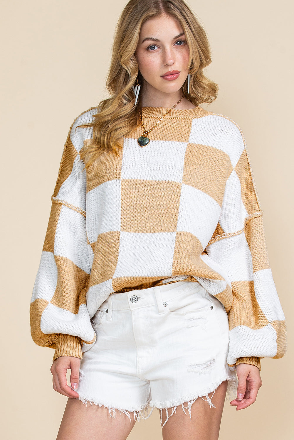 Checked Bishop Sleeve Pullover Sweater