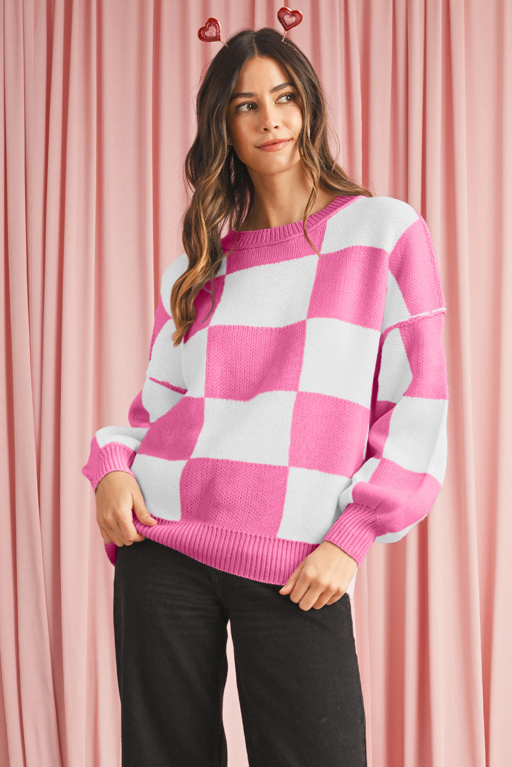 Checked Bishop Sleeve Pullover Sweater
