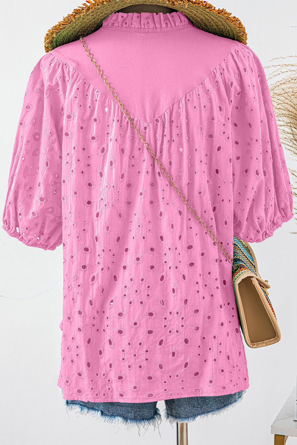 Eyelet Short Puff Sleeve Blouse