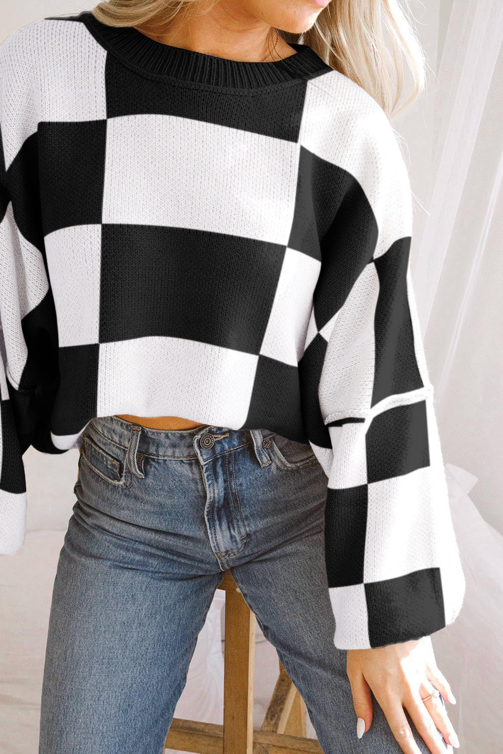 Checked Bishop Sleeve Pullover Sweater