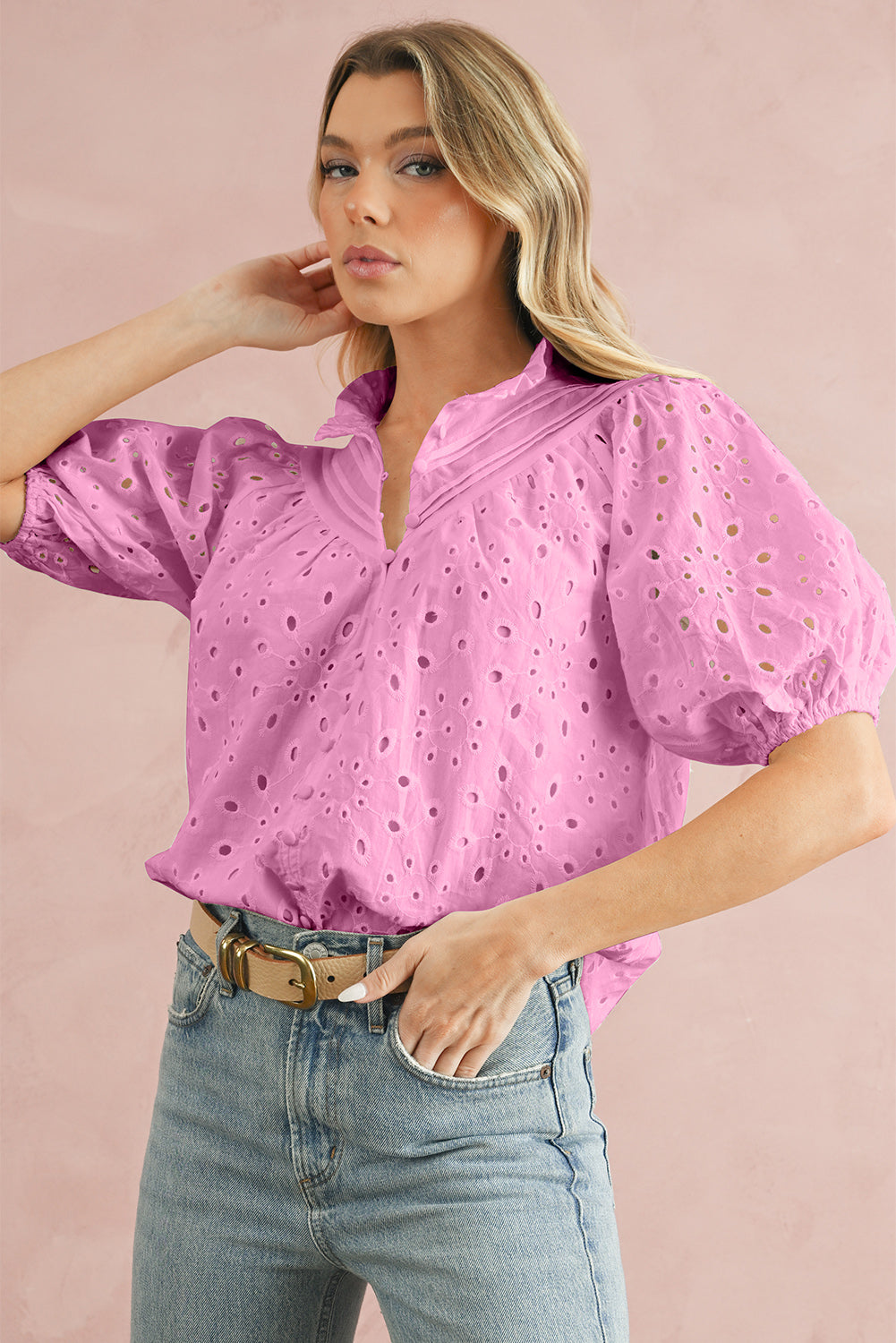 Eyelet Short Puff Sleeve Blouse