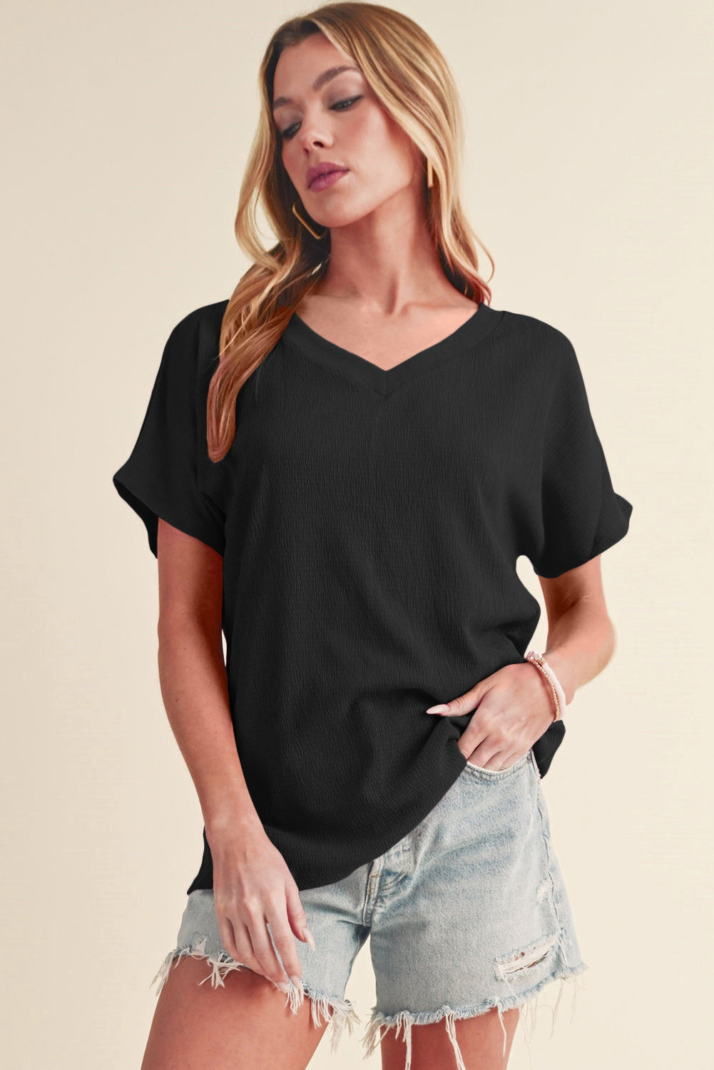 Basic Plain Textured V Neck T-Shirt