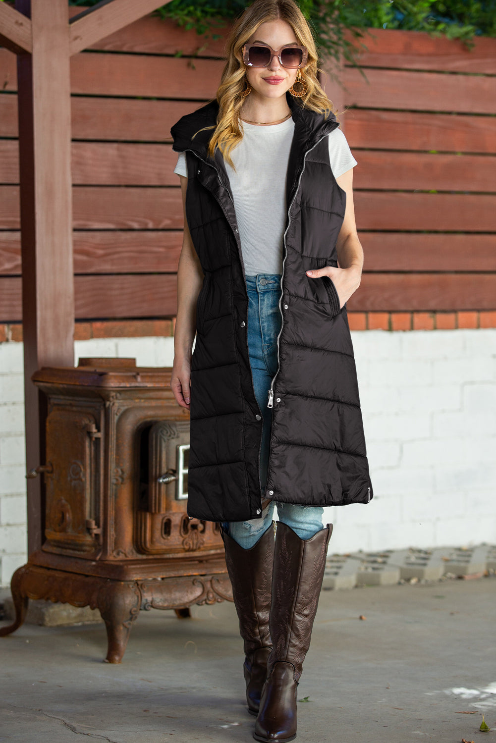 Elaine Hooded Quilted Long Vest Coat