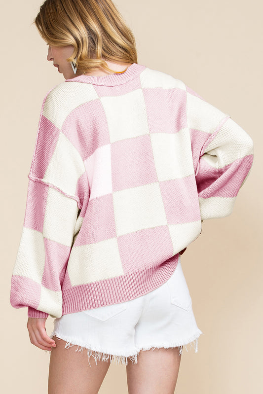 Checked Bishop Sleeve Pullover Sweater