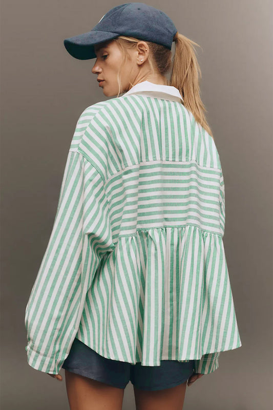 Verde Striped Zipper Collar Long Sleeve Top