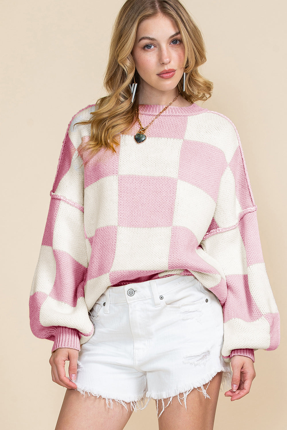 Checked Bishop Sleeve Pullover Sweater