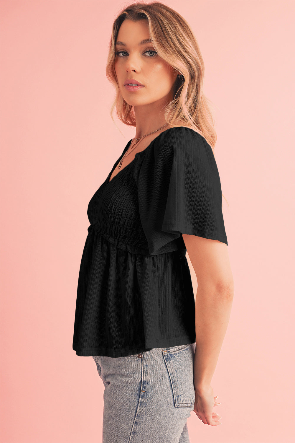 Smocked V-Neck Flutter Sleeve Blouse
