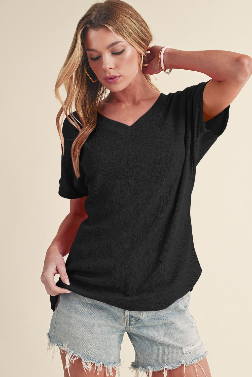 Basic Plain Textured V Neck T-Shirt