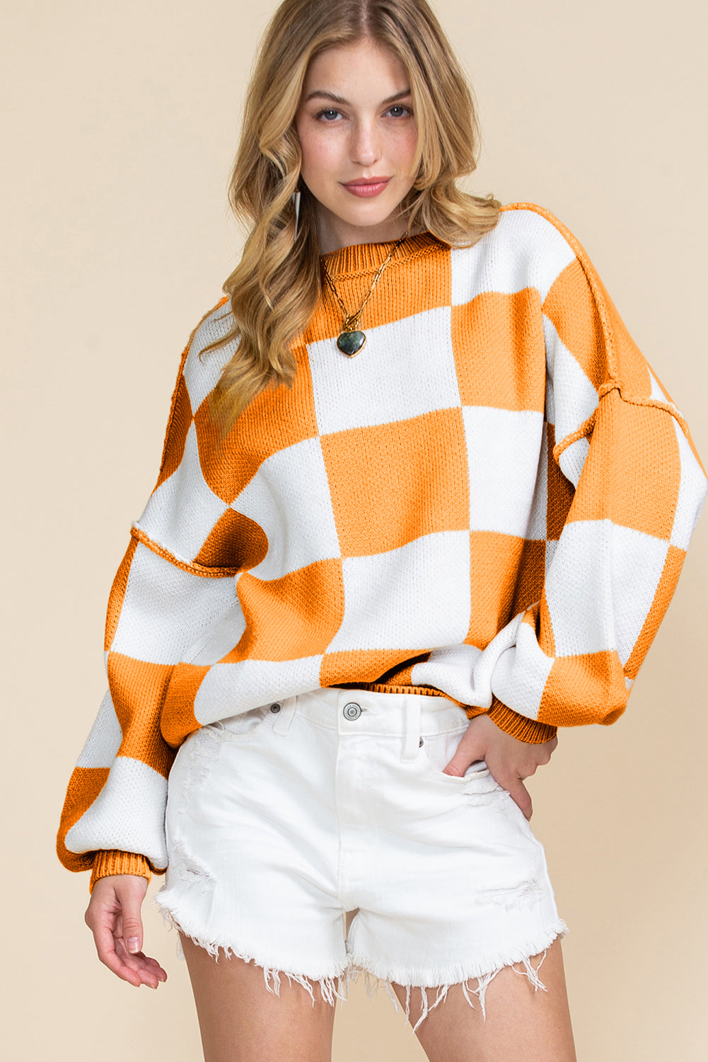 Checked Bishop Sleeve Pullover Sweater