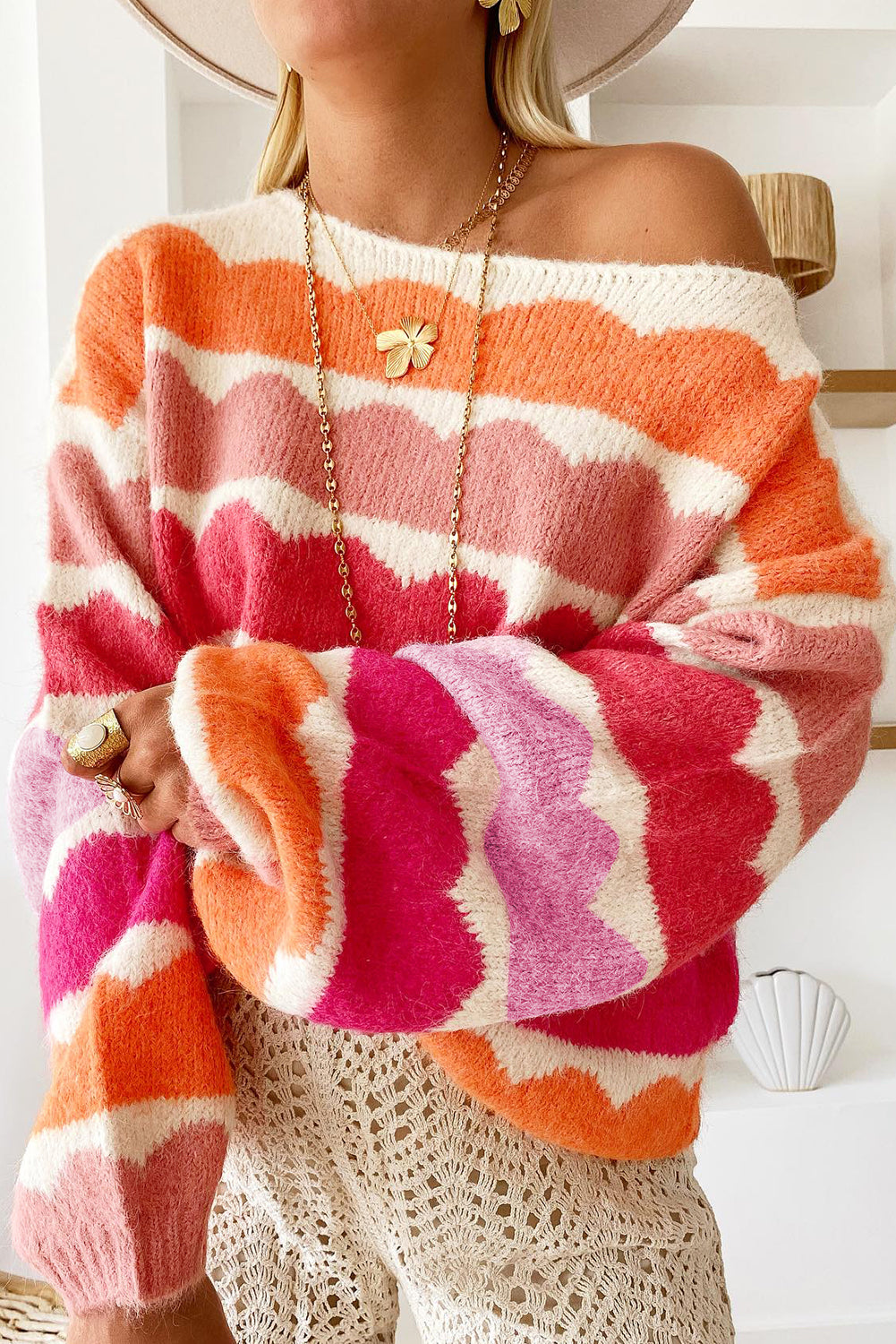 Kaia Wave Striped Balloon Sleeve Sweater