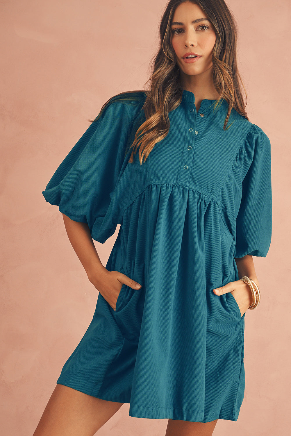 Corduroy Empire Waist Lantern Sleeve Dress