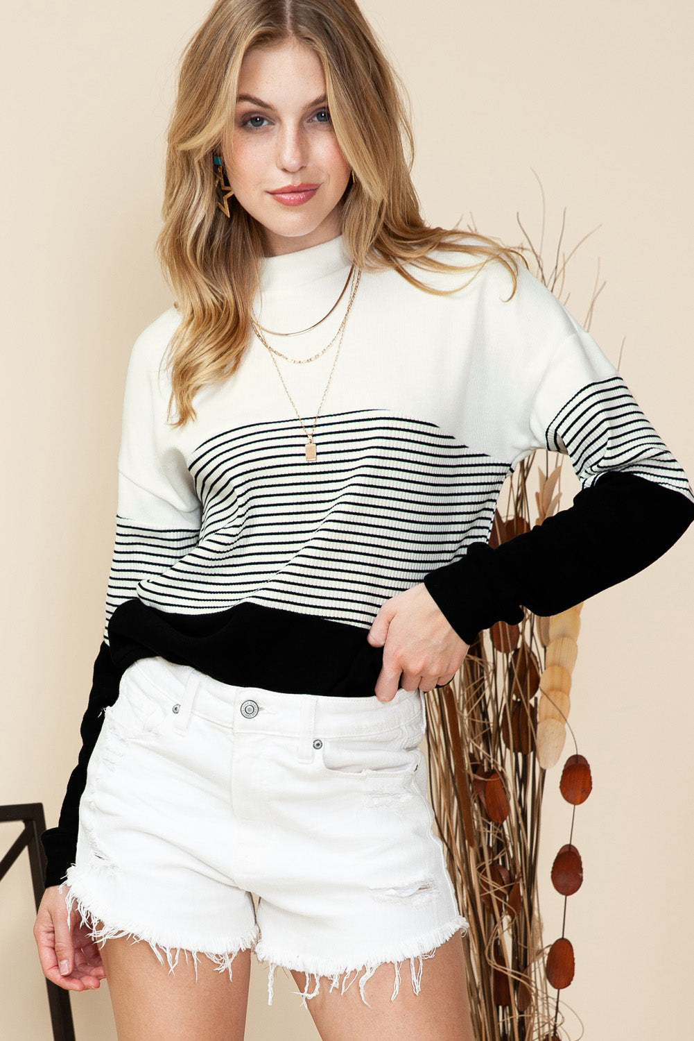 Noir Striped Contrast Colorblock Knit Top
