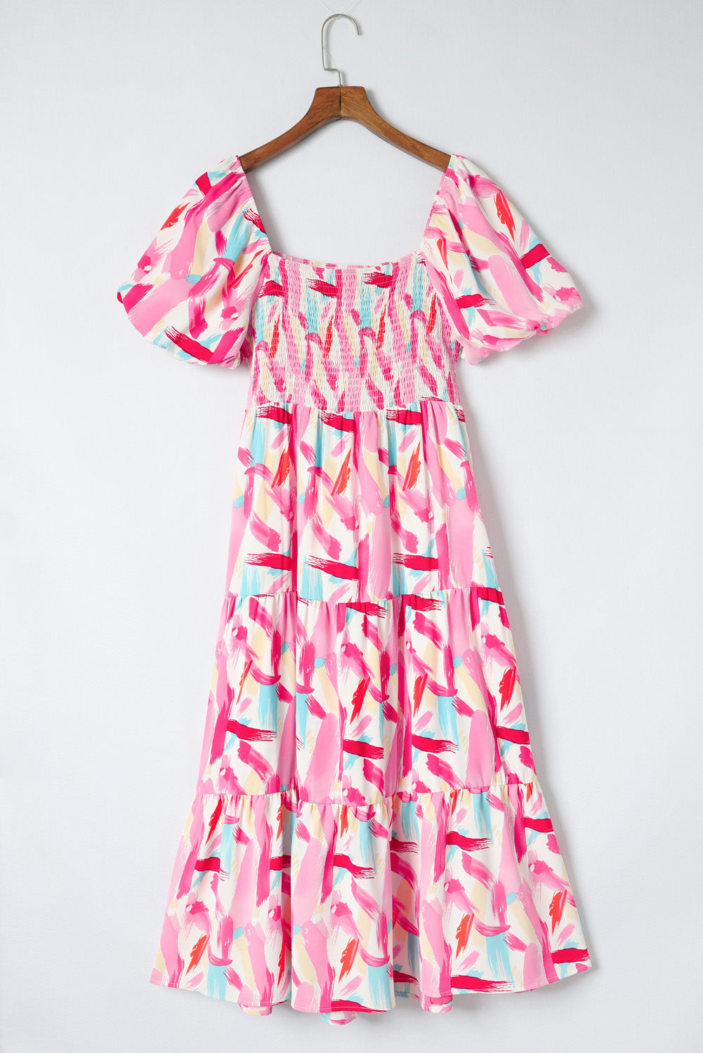 Brush Stroke Printed Smocked Ruffle Tiered Dress