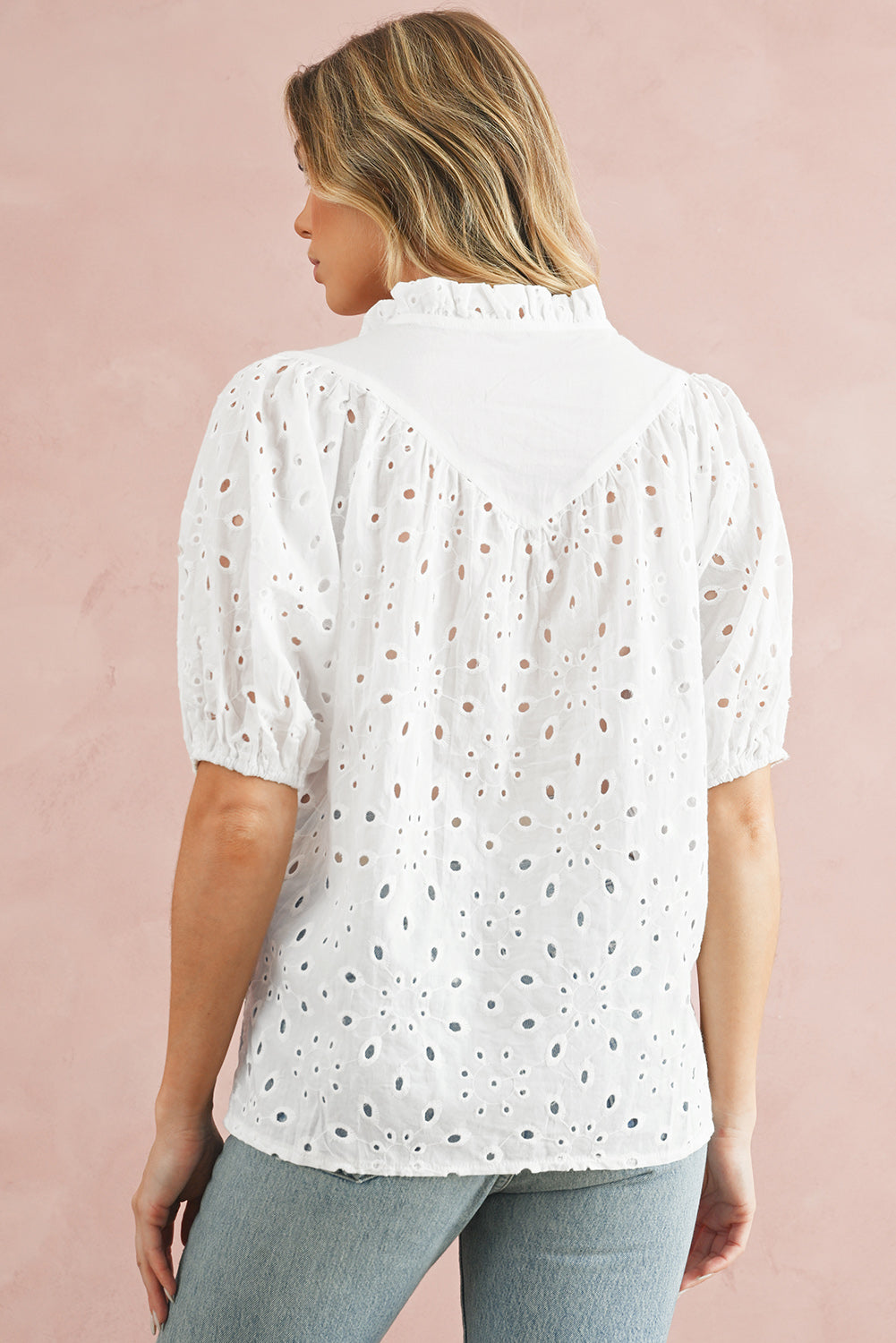 Eyelet Short Puff Sleeve Blouse