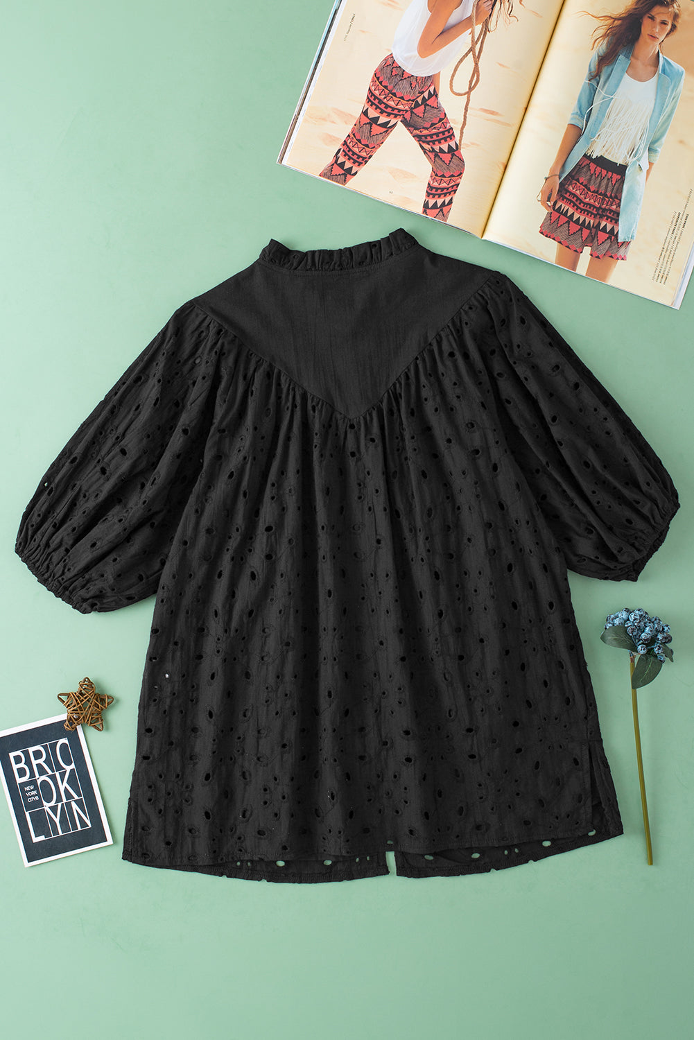 Eyelet Short Puff Sleeve Blouse