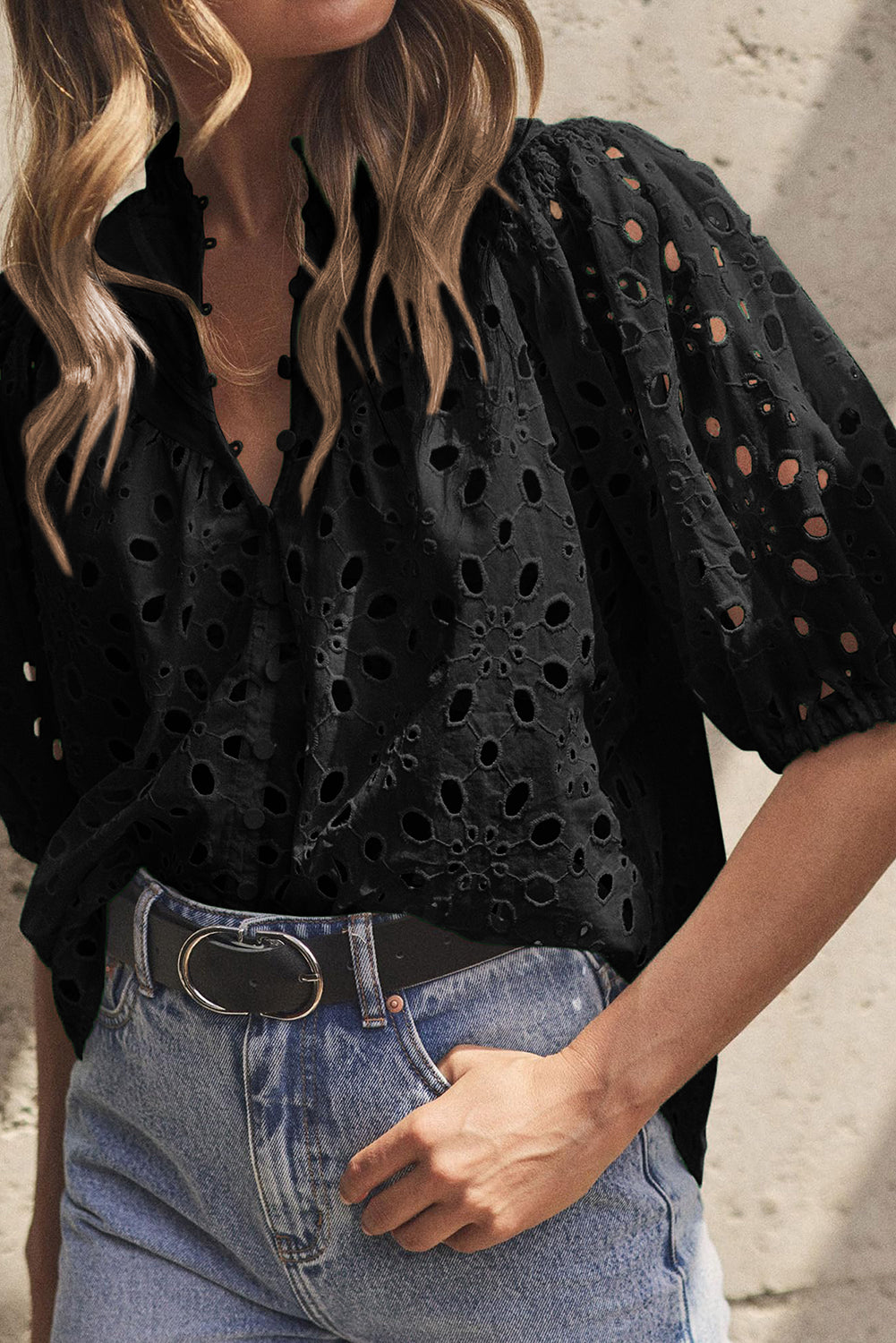 Eyelet Short Puff Sleeve Blouse