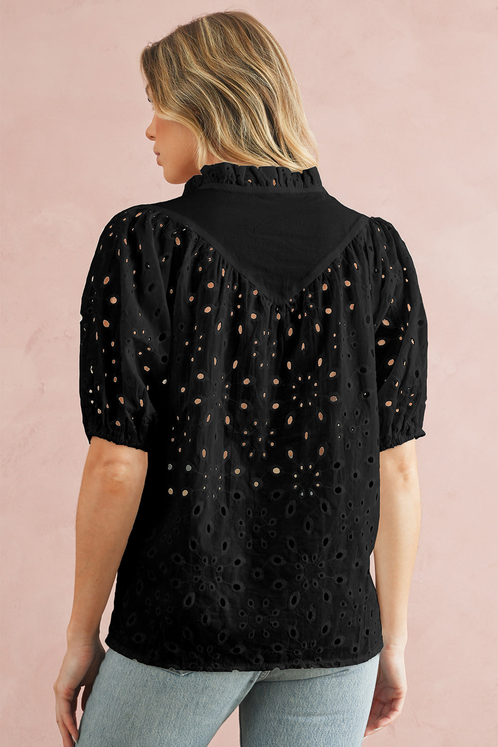 Eyelet Short Puff Sleeve Blouse