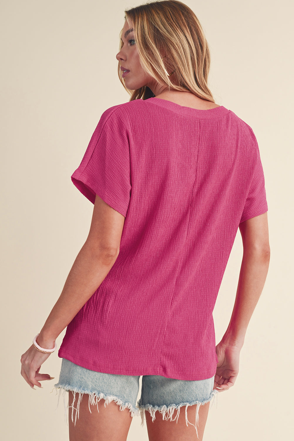 Basic Plain Textured V Neck T-Shirt