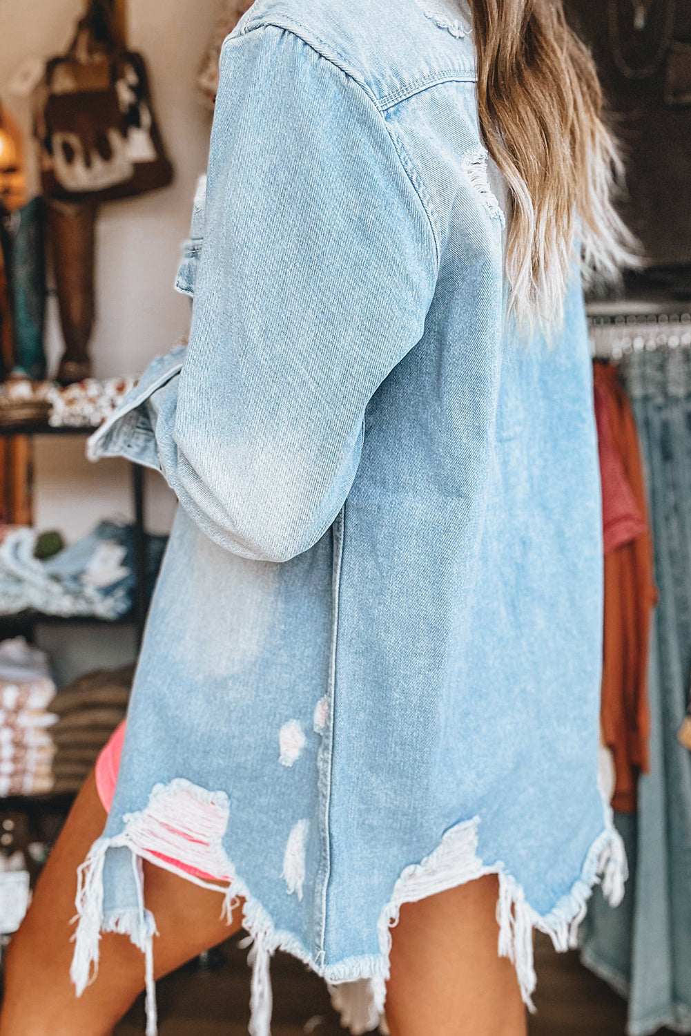 Beau Blue Light Wash Distressed Long Denim Jacket