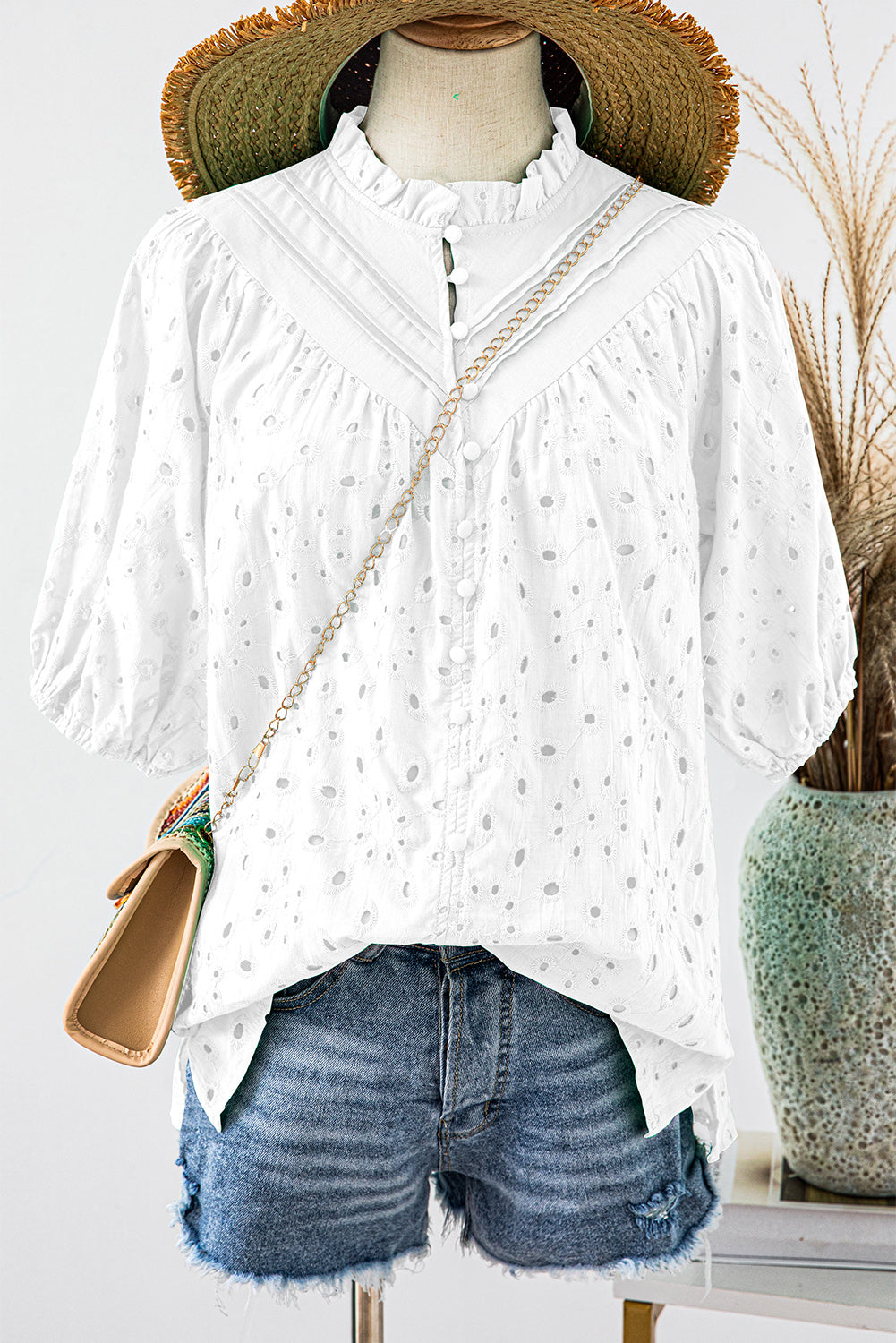 Eyelet Short Puff Sleeve Blouse