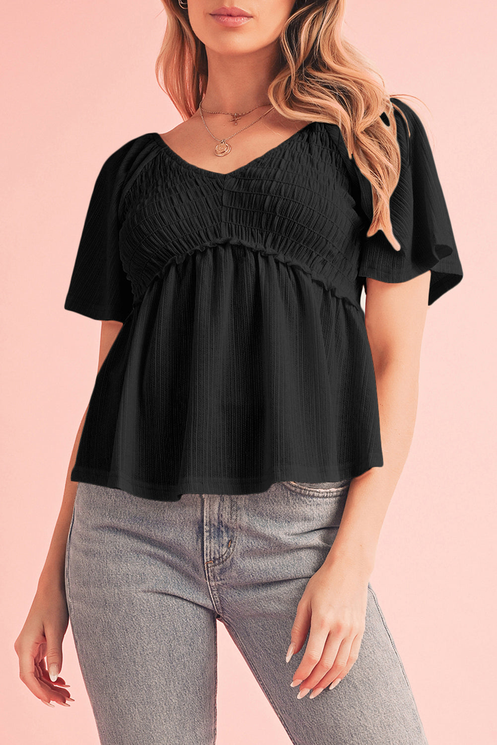 Smocked V-Neck Flutter Sleeve Blouse
