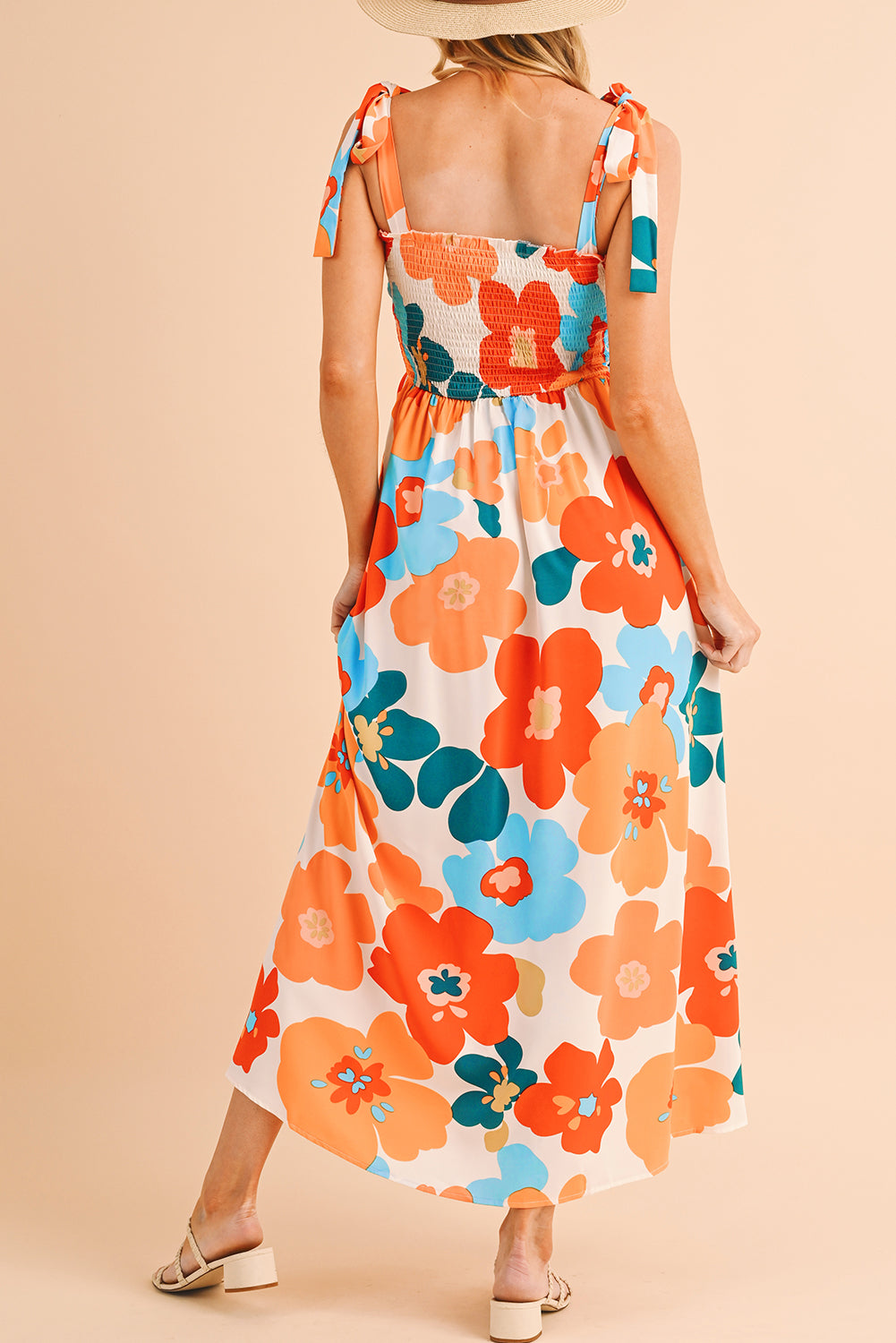 Isla Floral Printed Shoulder Tie Smocked Maxi Dress