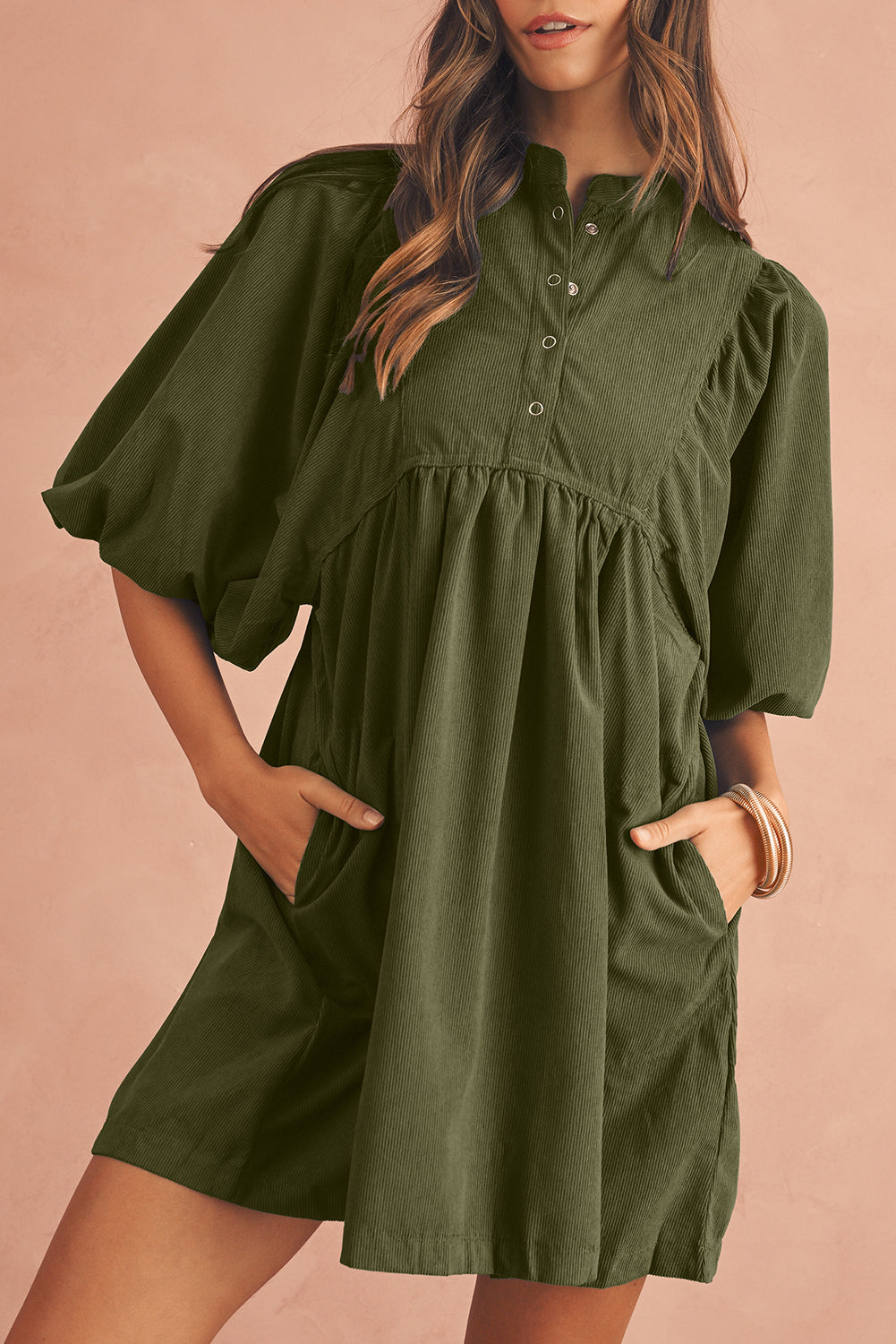 Corduroy Empire Waist Lantern Sleeve Dress
