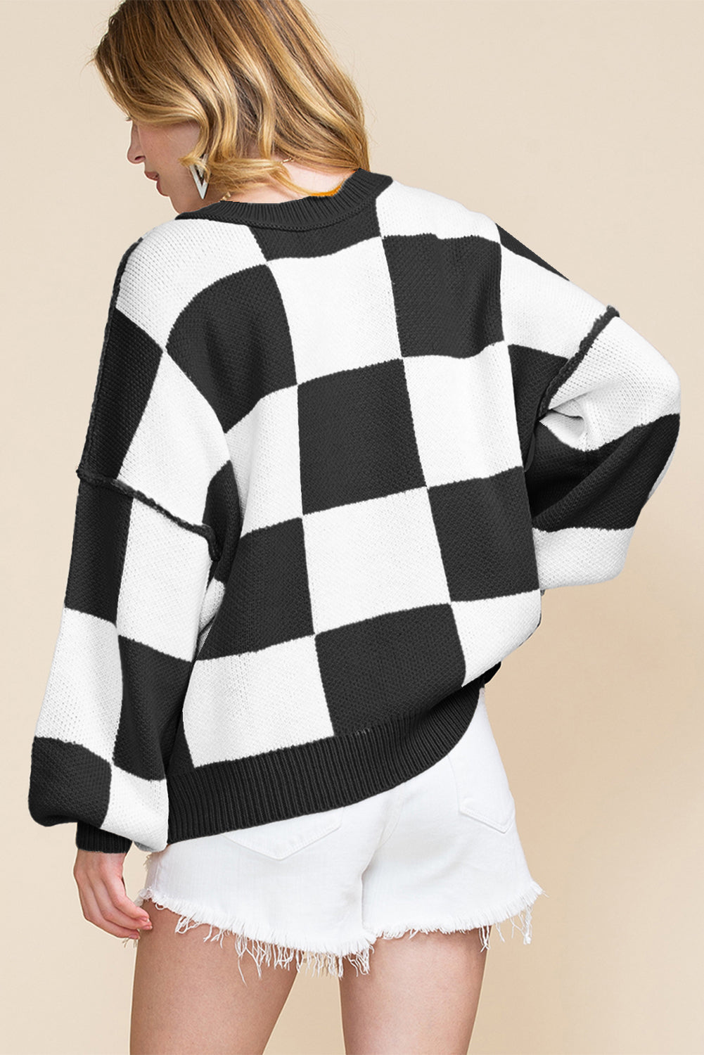 Checked Bishop Sleeve Pullover Sweater