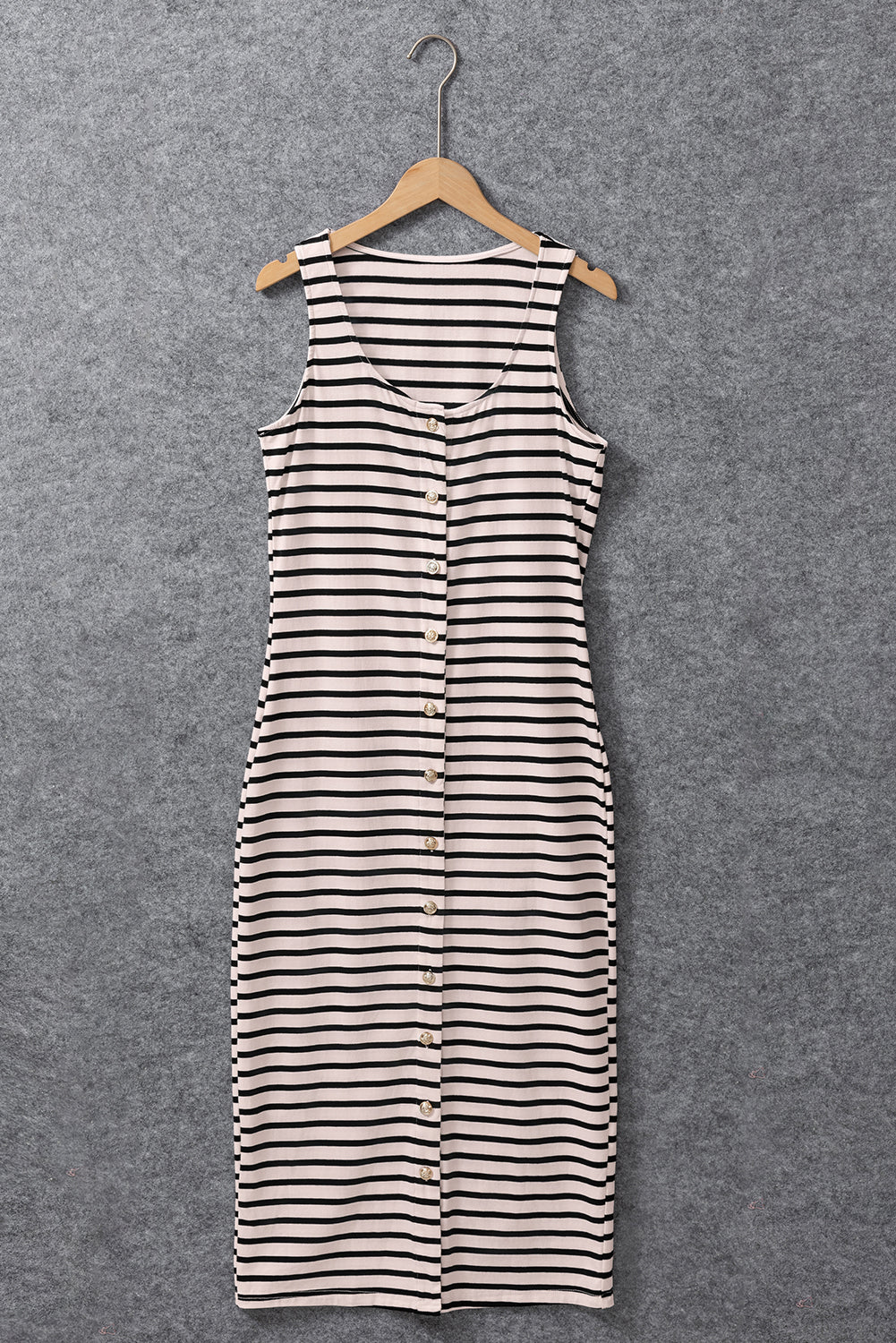 White Stripe Sleeveless Button Front Midi Dress