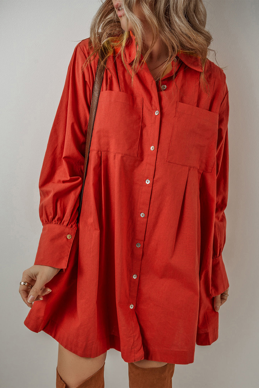 Chérie Bishop Sleeve Button-Up Pleated Mini Shirt Dress