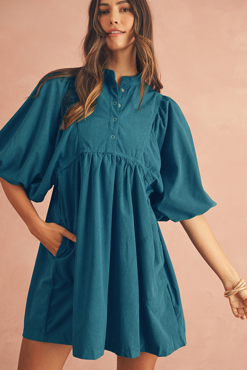 Corduroy Empire Waist Lantern Sleeve Dress