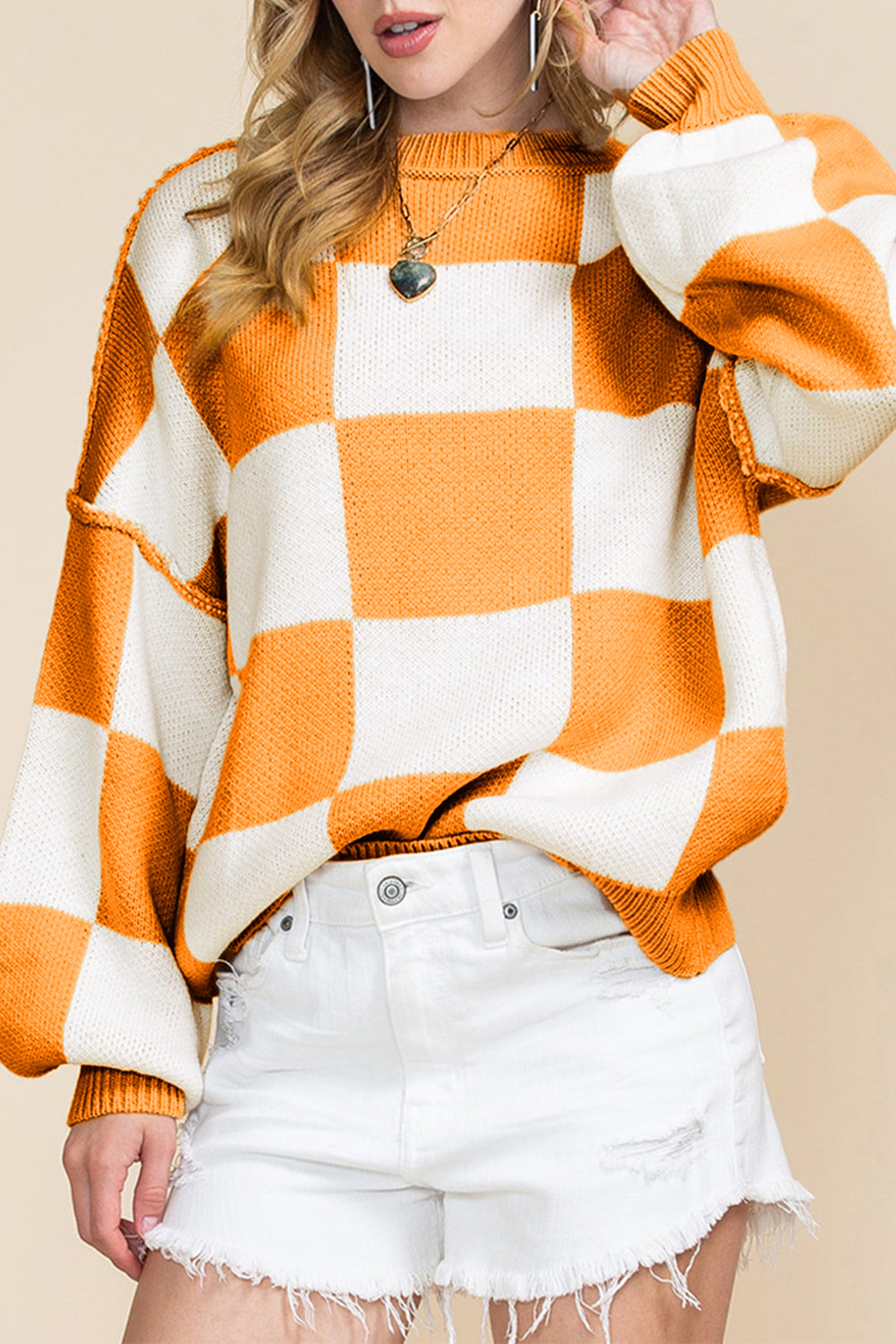 Checked Bishop Sleeve Pullover Sweater
