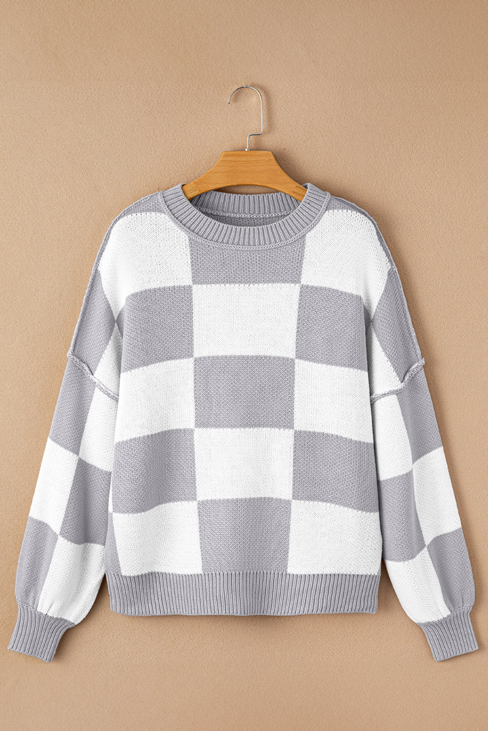Checked Bishop Sleeve Pullover Sweater