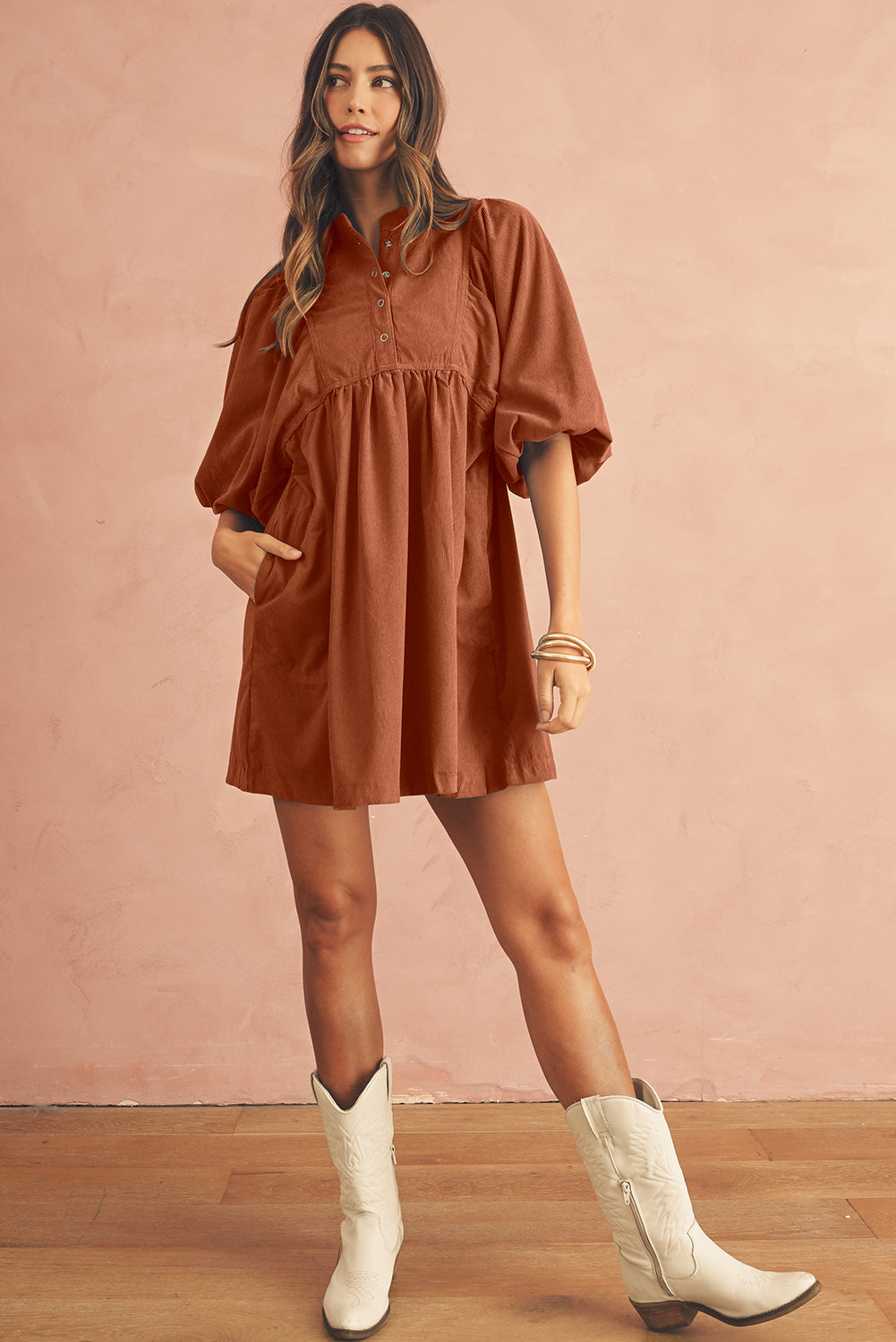 Corduroy Empire Waist Lantern Sleeve Dress