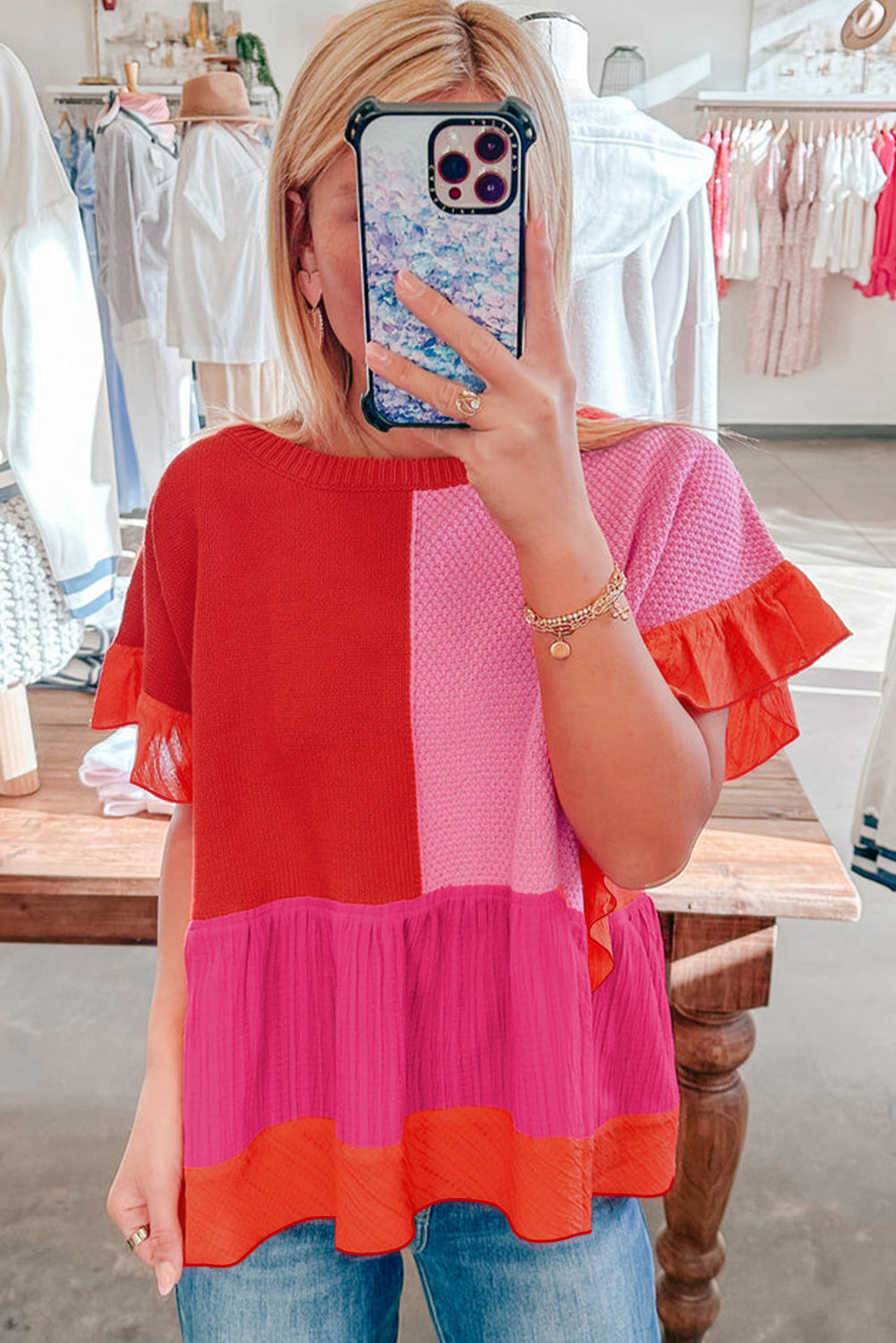Color-Block Patchwork Ruffle Trim T-Shirt