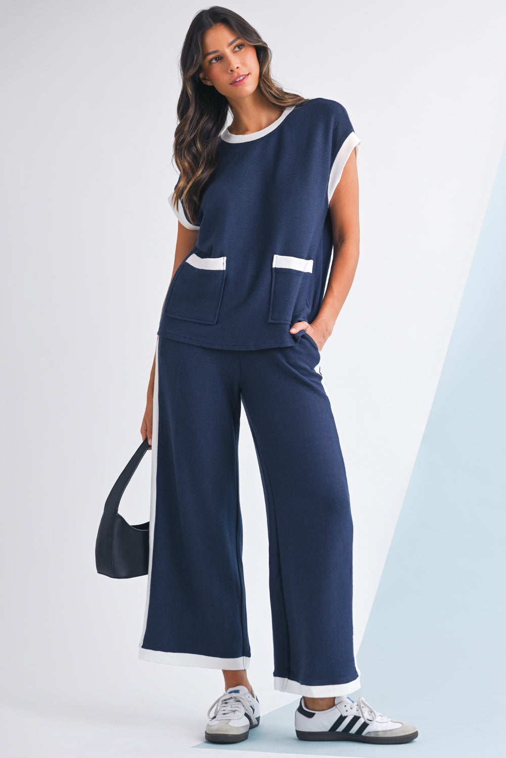 Nia Contrast Trim T-Shirt and Wide Leg Pants Set