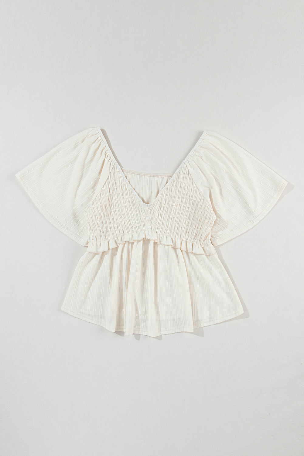 Smocked V-Neck Flutter Sleeve Blouse