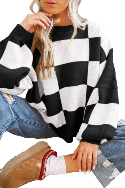 Checked Bishop Sleeve Pullover Sweater