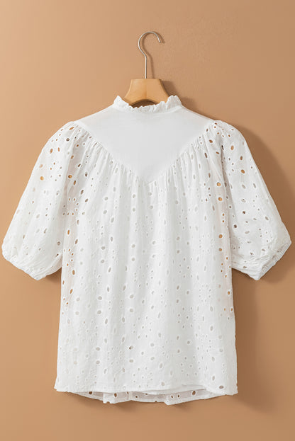 Eyelet Short Puff Sleeve Blouse