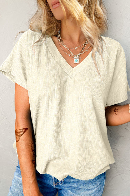 Basic Plain Textured V Neck T-Shirt