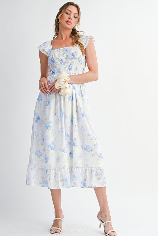 Sky Blue Floral Smocked Maxi Dress